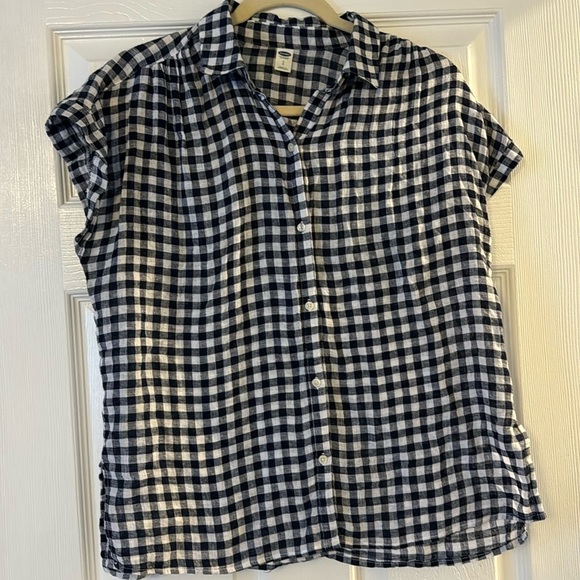 Old navy linen/cotton gingham navy/white short sleeve blouse size small - Picture 1 of 6